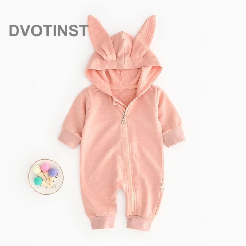 Dvotinst/Одежда для новорожденных мальчиков и девочек комбинезон с длинными рукавами из хлопка, милый мультяшный кролик с большими ушами, комбинезон с капюшоном для малышей