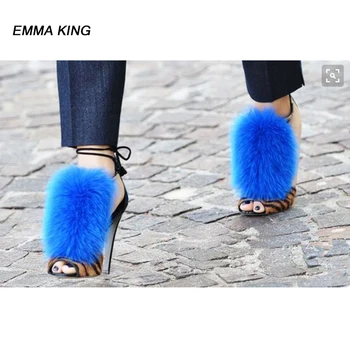 

EMMA KING Fashion Summer Sandals Women Open Toe Fluff Thin High Heels Stiletto Sandalen Sexy Lace Up Fur Sandals 2020