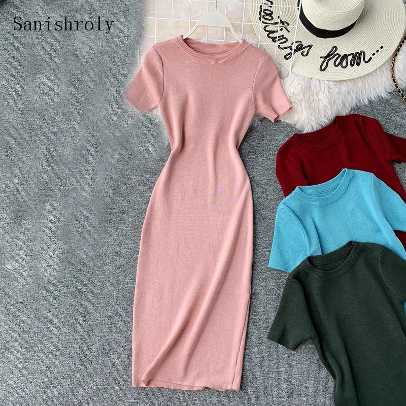 

Sanishroly 2020 New Women Sweater Dress Spring Autumn Slim Knitted Dresses Female Short Sleeve Long Sheath Dress Vestidos SE904