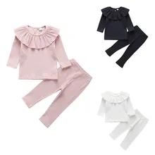 Коллекция года, осенний Модный комплект для маленьких девочек, зимний мягкий детский комплект с длинными рукавами для девочек, футболка в рубчик и штаны, костюмы