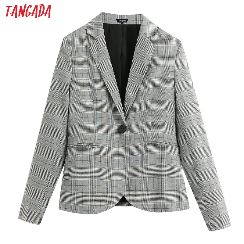 

Tangada women vintage plaid pattern blazer one button long sleeve elegant jacket ladies work wear blazer suits BE152
