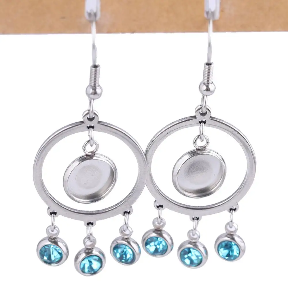 

6pcs stainless steel dangle earring base blanks with rhinestone charms 8mm dia bezel setting trays for earrings jewelry making