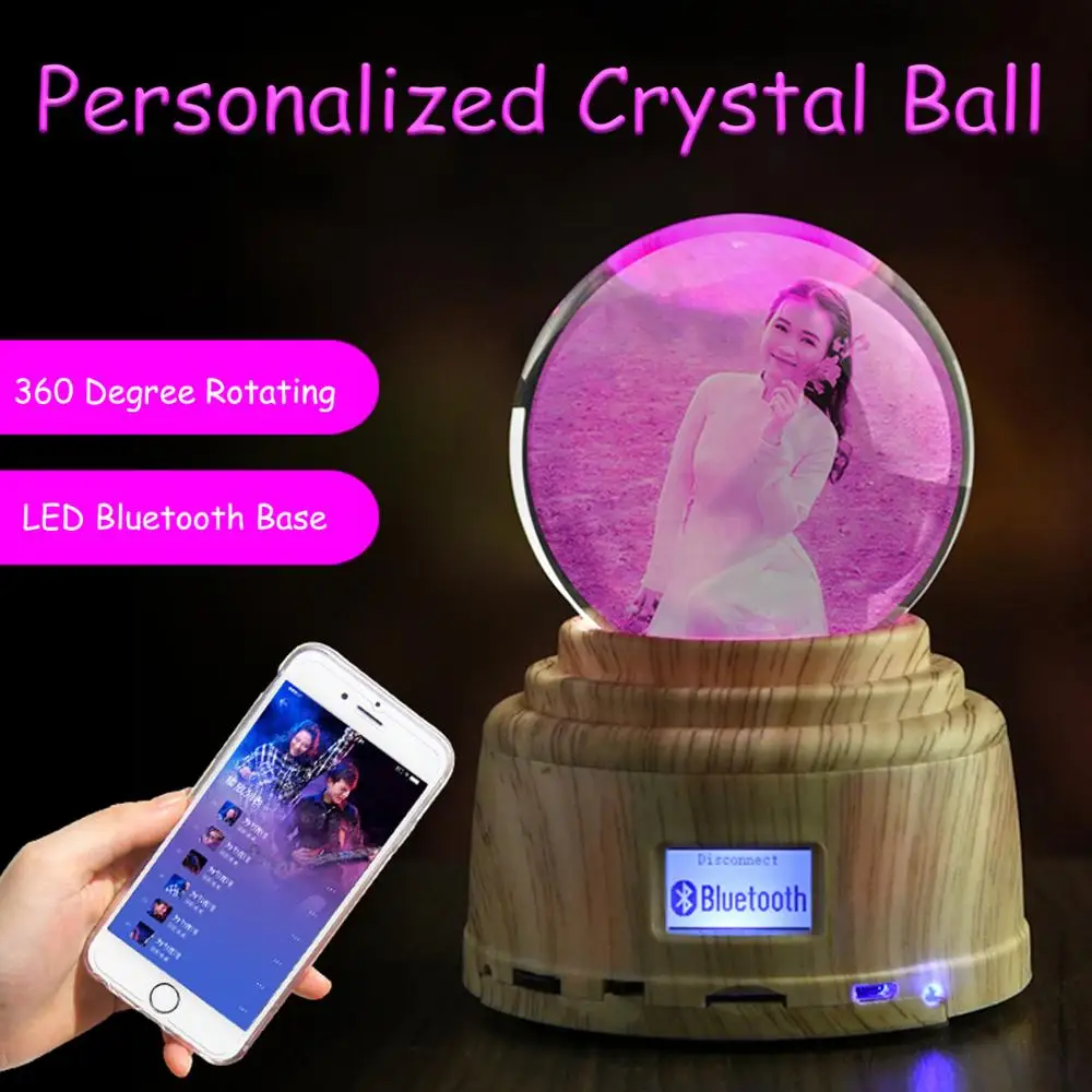 

Personalized Photo Crystal Ball Custom Engraving Picture with Bluethooth Music Led Base Rotating Display RGB Remote Control