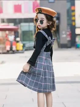 

2019 Korean style girls 2 pcs set t-shirt+plaid bow dress fashion autumn girls suit 4-9t C348
