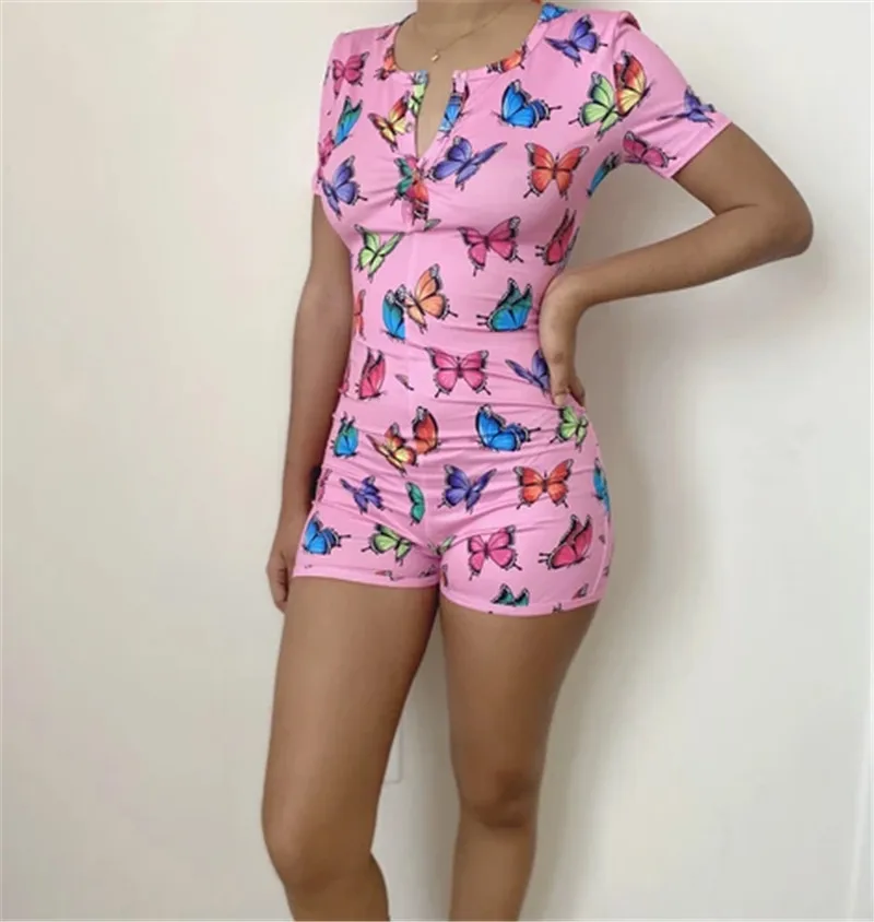 Sexy Women Print Rompers Jumpsuits V-neck Sleepwear Pajamas Long Sleeve Bodycon Short Jumpsuits Nightwear Pajama
