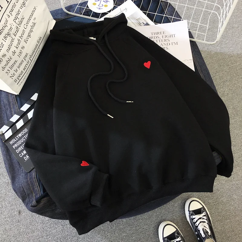 Black Sweatshirt Милые толстовки с капюшоном для женщин, с вышивкой в виде сердца, с длинным рукавом, Толстый Пуловер С Капюшоном, уличные однотонные толстовки для отдыха, унисекс - Цвет: Black Sweatshirt
