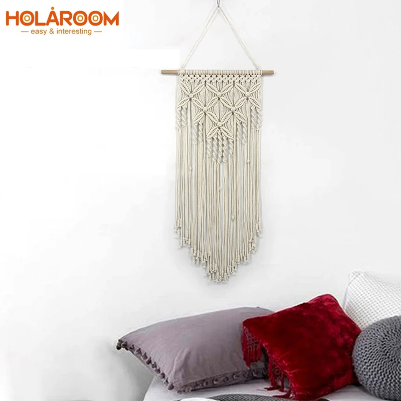 

Macrame Tapestry Wall Hanging Tapestries Woven Artwork Boho Macrame Wall Cloth Cotton thread with Wooden Stick Xmas Home Decor