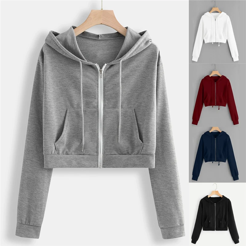 

Tops Women Casual Solid Long Sleeve Sweatshirt Zipper Pocket Shirt Hooded Pullover Haut femme