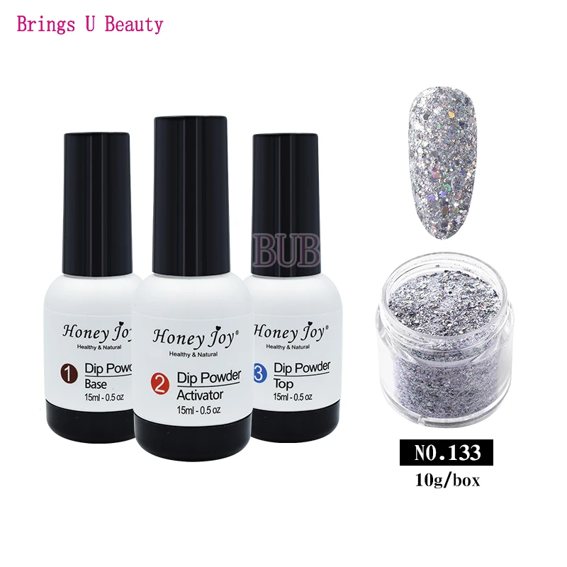 4 in 1 Dipping Powder Tool Kits Set 10g Shine Glitter Dip Powder 15ml Base Coat Top Coat Activator Natural Dry Long Lasting