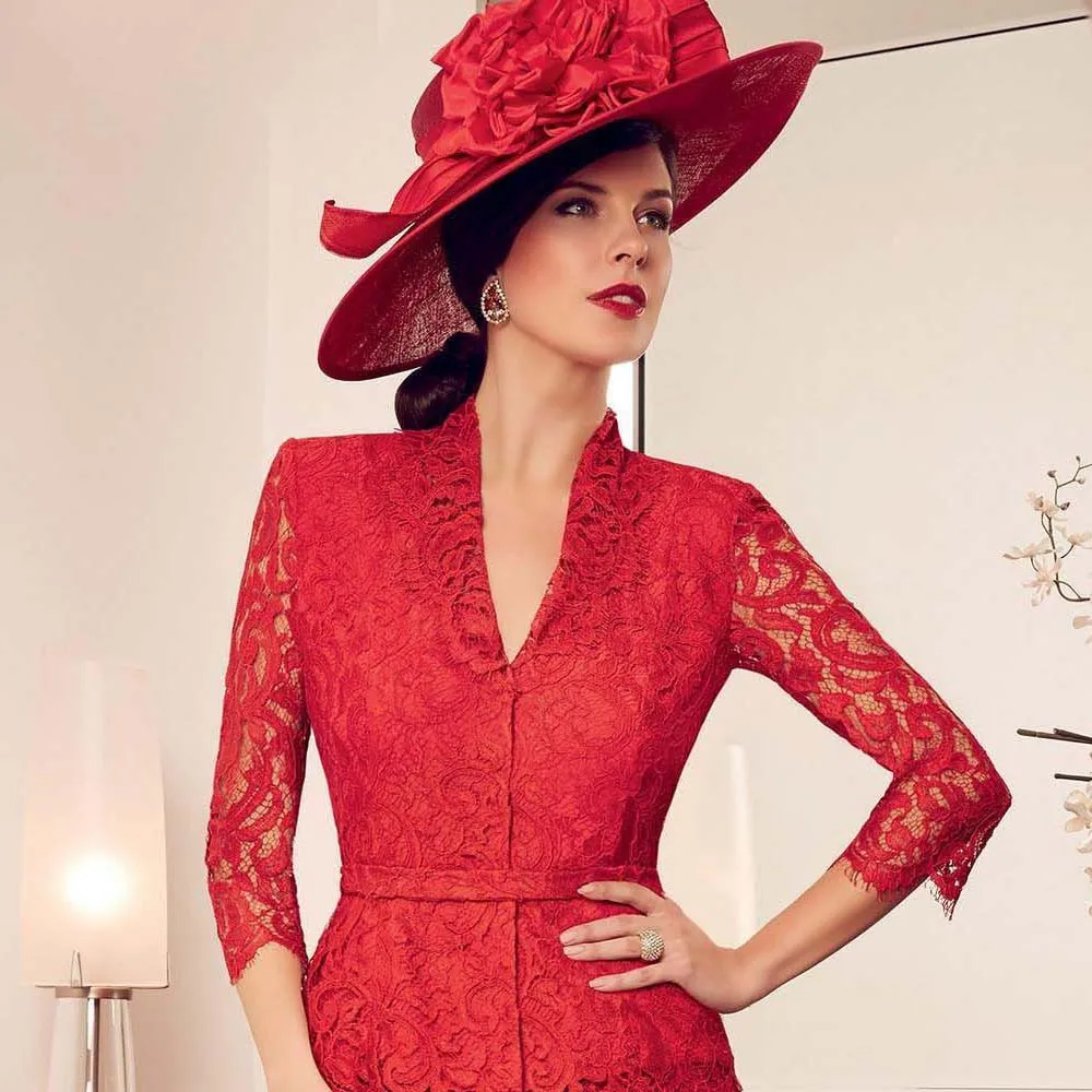 Vestido de noiva festa элегантное модное платье до колена с v-образным вырезом и рукавом три четверти Красное Кружевное платье для матери невесты