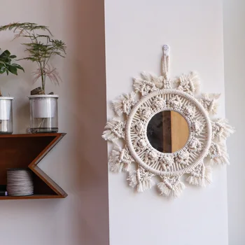 

Nordic Decorative Mirror Handmade Macrame Tapestry Round Boho Mirror Home Bedroom Living Room Wall Hanging Decorations 2020