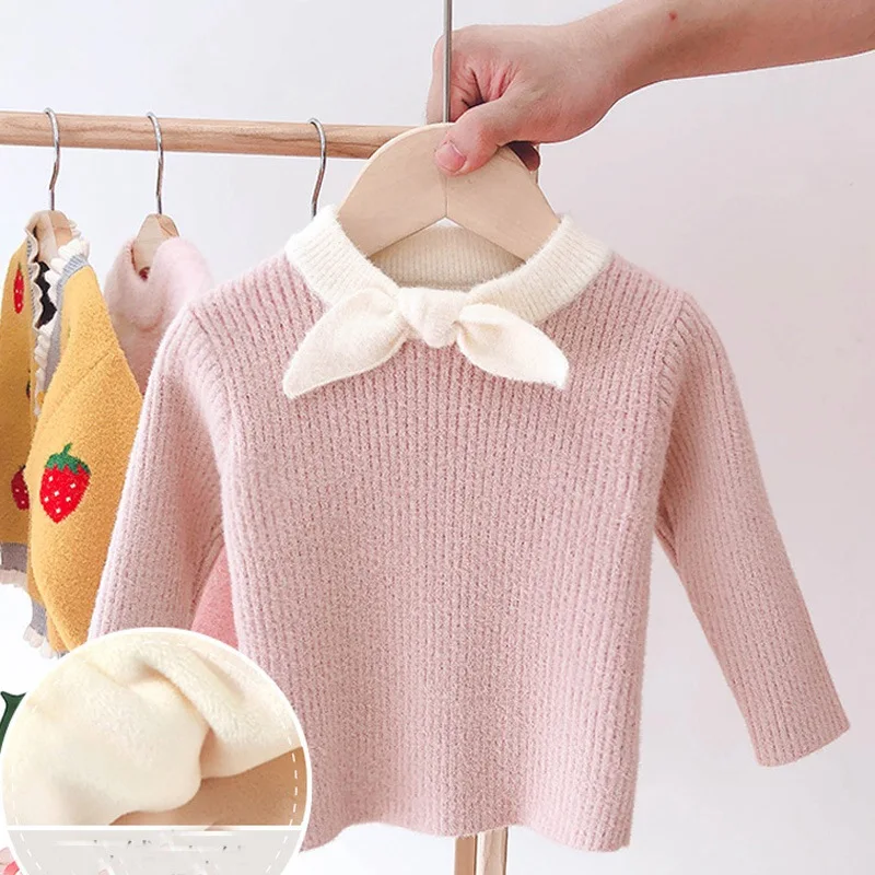 Velvet Pink Сладкий осень-зима бантом трикотажный свитер для девочек, для малышей и детей постарше Детские трикотаж, вязаный вельветовый пуловер свитеры Топы S10238 - Цвет: Velvet Pink