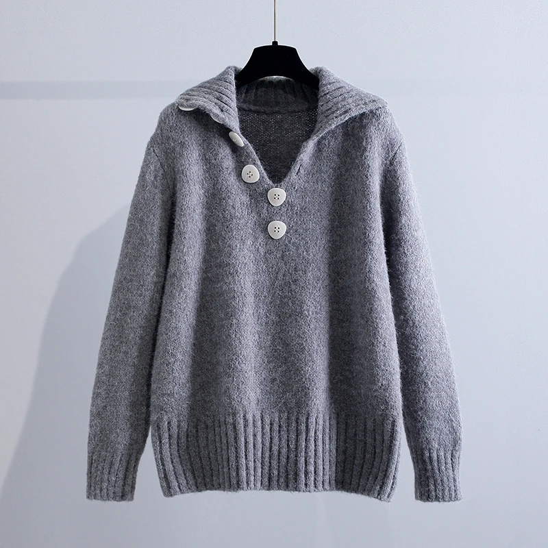 

Vintage Turn-Down Collar Knitted Women Sweater Pullovers Autumn Winter New 2021 Solid Loose Thicken Warm Female Pulls Outwears