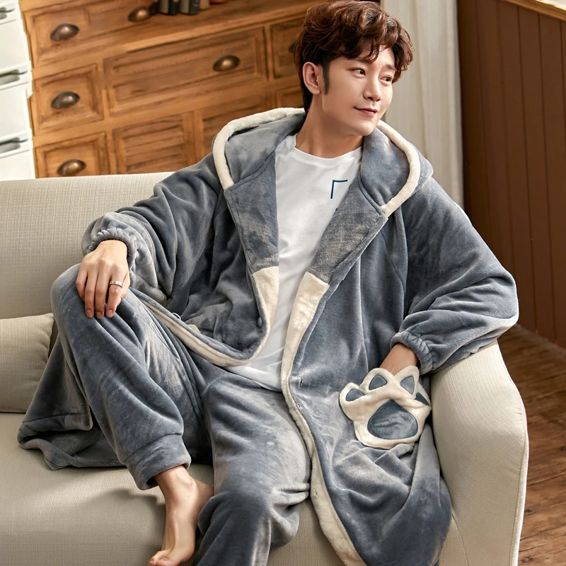 Men\'s Bathrobe Male Flannel Robe Sets With Hooded Thick Dressing Gown Winter Long Robe Mens Homewear And Pant Plus Size 3XL