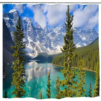 

Fabric Bathroom Shower Curtain,Nature Mountain Lake Spring Summer Landscape Pine Trees Forest Art Print,Polyester Waterproof