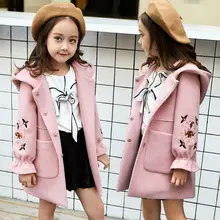 Детское осеннее пальто с капюшоном красного и розового цвета для девочек; верхняя одежда; зимние утепленные куртки с цветочным принтом; длинное шерстяное пальто; теплая одежда для подростков
