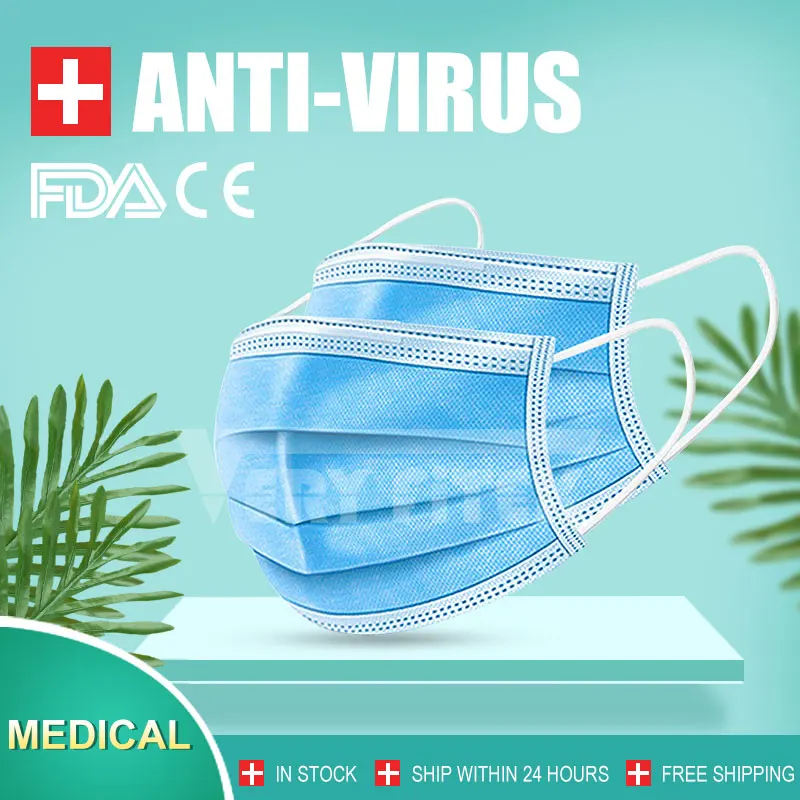 

100 Pcs Disposable Medical Mask Surgical Anti Virus Dust Thickened Disposable Medical Mask 3 layer Non-woven Face Mouth Masks