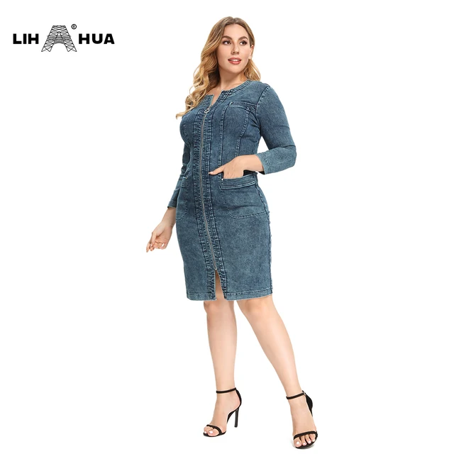 LIH HUA Women's Plus Size Denim Dress High Flexibility Slim Fit Dress Casual Woven Dress 3