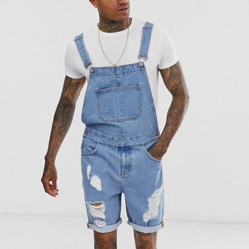 Женский модный мужской джинсовый комбинезон с рваными дырками VogueJeans короткий