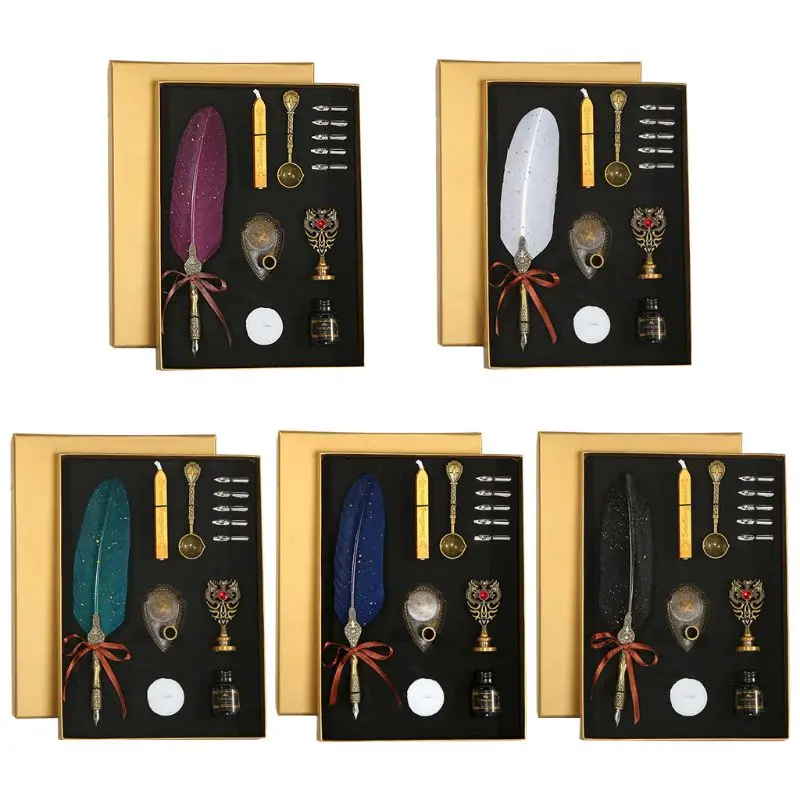 

2024 New Sprinkle Gold Luxury Vintage Feather Quill Dip Calligraphy Fountain Pen Writing Ink 5 Nibs Set Stationery Gift Box