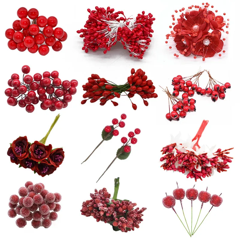 1 Set Red Pearl Plastic Stamens Artificial Flowers Fruit Stamen Berries Bundle DIY Cake Christmas Wedding Gift Box Wreaths Decor