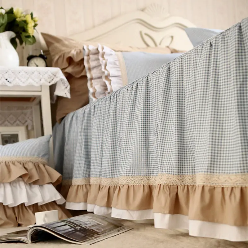 Модное синее клетчатое покрывало ручной работы кружевное лоскутное с морщинами