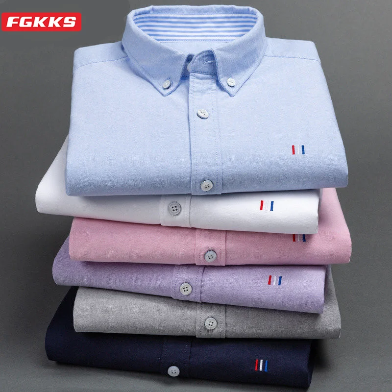 FGKKS, мужская рубашка с длинным рукавом, топы, осень, деловой бренд, Мужская однотонная хлопковая одежда, рубашки, повседневные рубашки, рубашки для мужчин