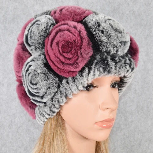 gray and rose red Зимняя шапка из меха кролика Рекс женская вязаная натуральный мех кролика рекс цветы шапочки шапки Теплый мягкий Настоящий мех кролика шапки - Цвет: gray and rose red