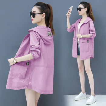 

2020 Summer Sun Protection Clothing Women Hooded Jacket Fashion Thin Mid Long Coat Large Size Breathable Ladies Outerwear D3495