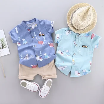 

Children Cartoon Bear Print Short Sleeve Stand Collar Blouse Casual Tops+Solid Color Pants 2 Pcs Kids Set Spring Autumn