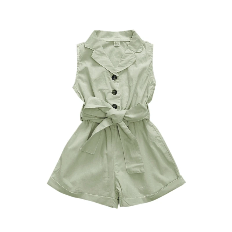 

New Fashion 1-6T Girls Sleeveless Cotton Solid Color Turndown Collar Single-Breasted Jumpsuit Shorts