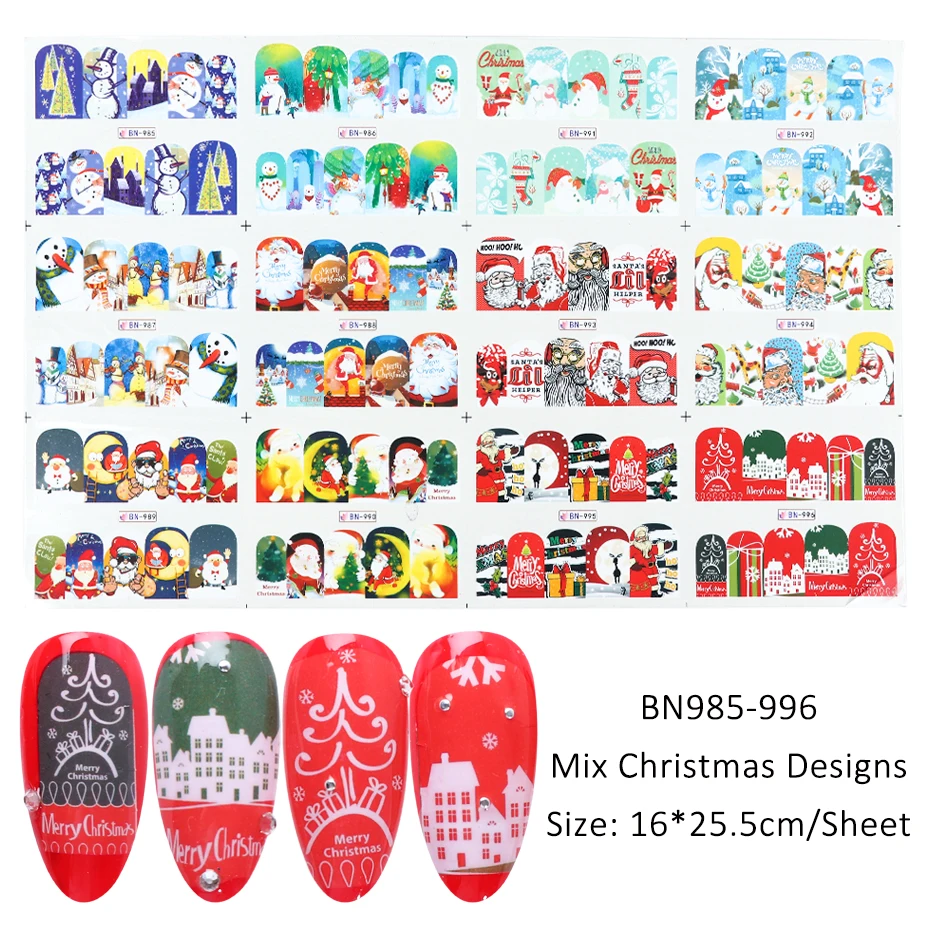 96 дизайнов Рождественская наклейка для ногтей набор Снеговик Санта Клаус переводные наклейки с водой слайдер для украшения ногтей маникюр SABN/A-2