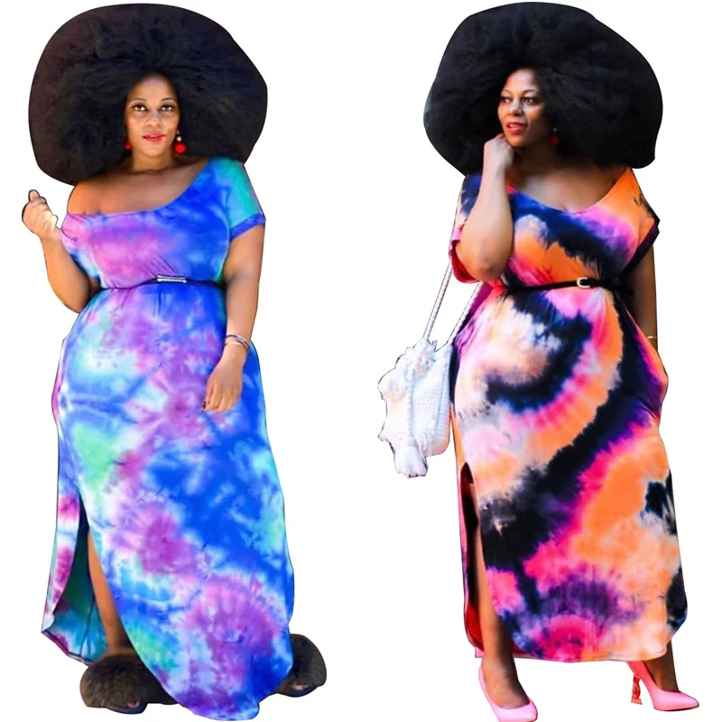 De talla grande vestido de XL-5XL de moda cuello en O manga corta de color dibujo elegante Sexy ocio Maxi vestidos al por mayor Dropshipping