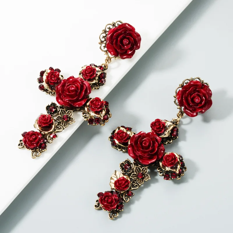 KMVEXO baroque vintage gold color cross earrings enamel rose flowers earrings for women girls cross earrings flower earrings rose earrings golden earrings