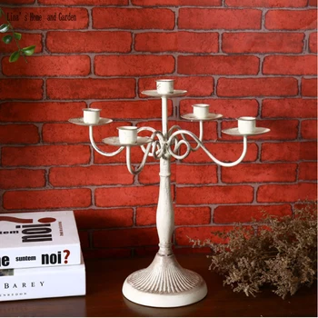 

Antique White 5 Arms Metal Candelabra Candle Holder Candle Wedding Centerpiece Decorations Moroccan Decor Q