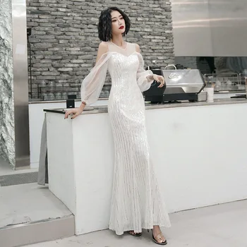 

Sexy Lady V-neck Off Shoulder Evening Gown Qipao Exquisite Mesh Lantern Sleeve Mermaid Prom Dress Bling Sequin Robe De Soiree