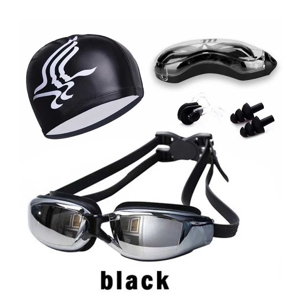 

Star Je Fashion Anti-fog High-definition Goggles Framed Mirror Box + Silica Gel Nose Clip And Ear Plug + Pu Swimming Cap Combina