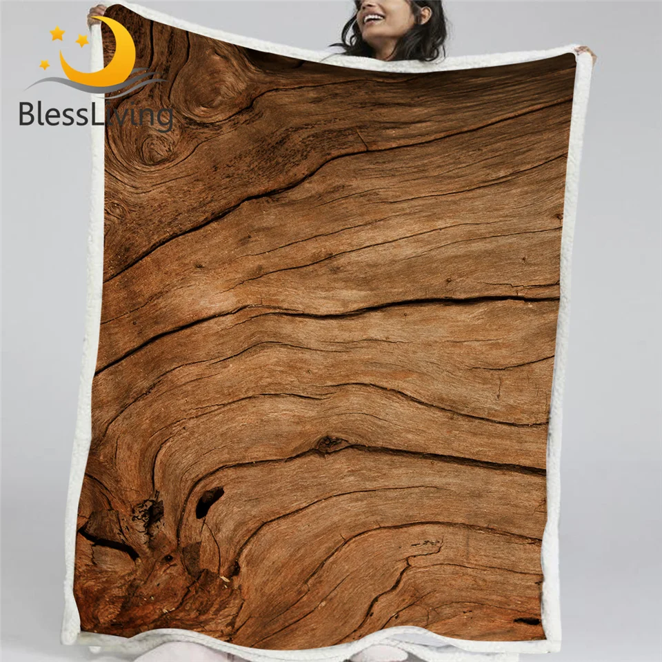 

BlessLiving Wood Printed Throw Blanket Nature Textured Plush Bedspread Vivid 3D Fluffy Blanket Striped Brown Sherpa Blanket