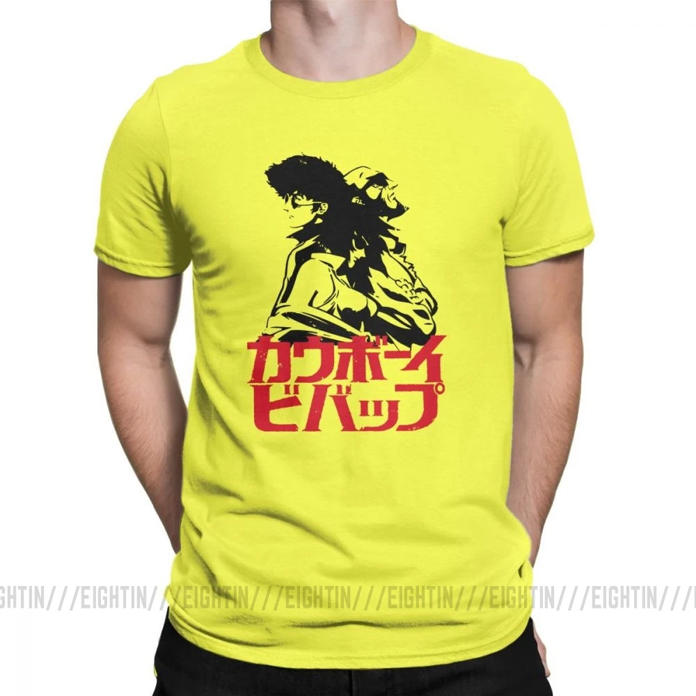 Ковбойская футболка Bebop для отдыха, Мужская хлопковая футболка, Космический аниме, Спайк, японская манга, реактивный файй, короткий рукав, футболки, подарок на день рождения, топы - Цвет: Цвет: желтый