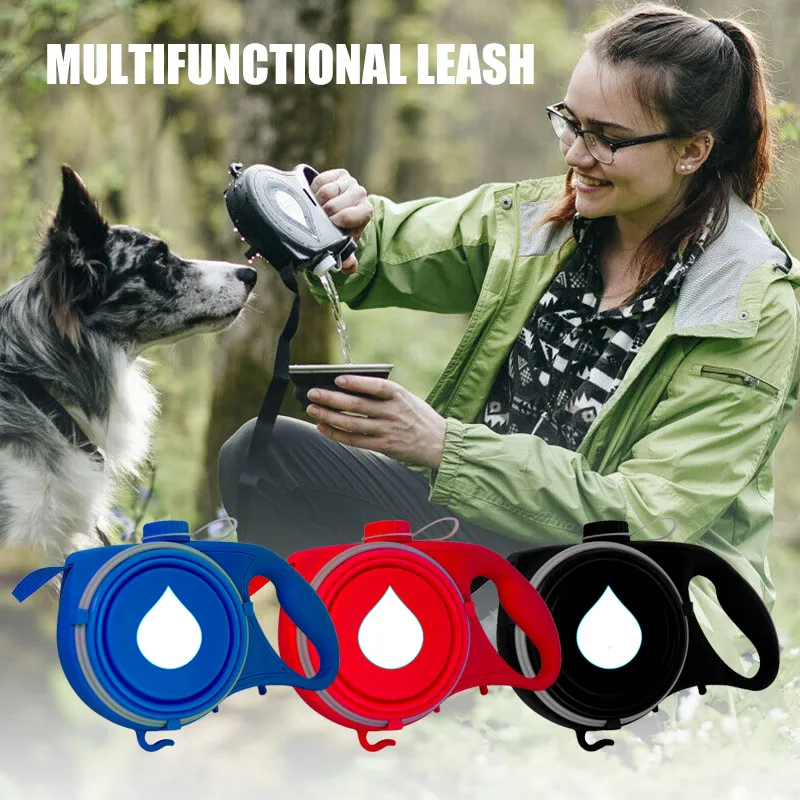 

New Multifunction Collar for Dogs Pet Dog Leash with Built-in Water Bottle Bowl Waste Bag Dispenser roulette for dogs NE