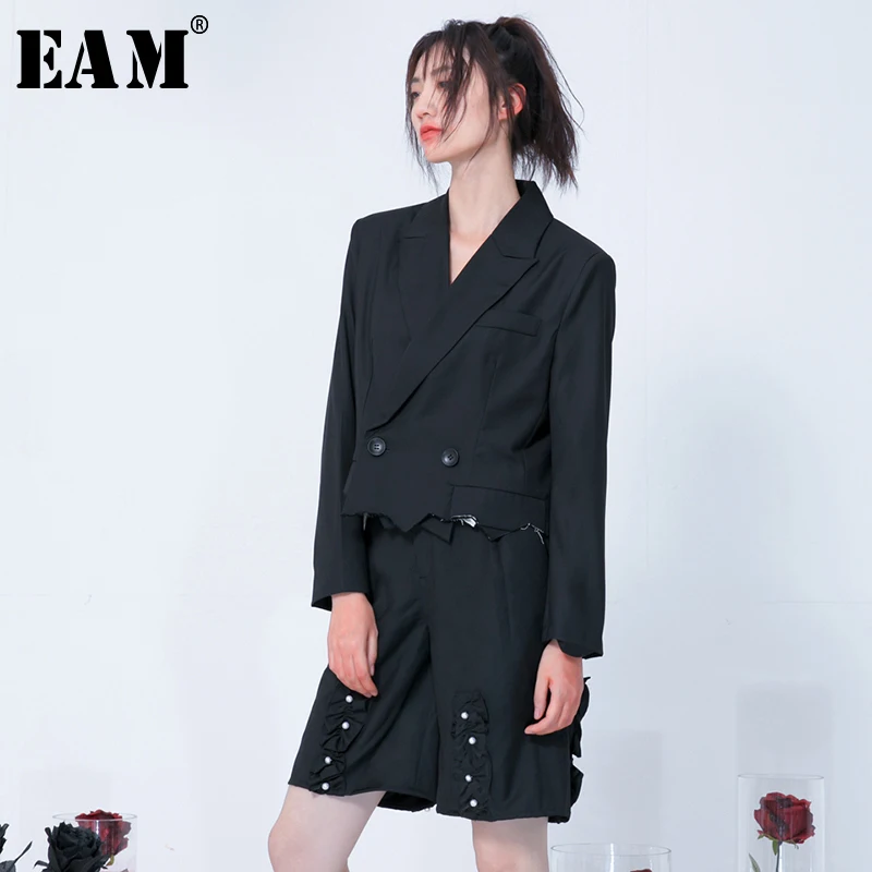 

[EAM] High Waist Black Ruffles Pearls Wide Leg Knee Length Trousers New Loose Fit Pants Women Fashion Spring Autumn 2020 1N702