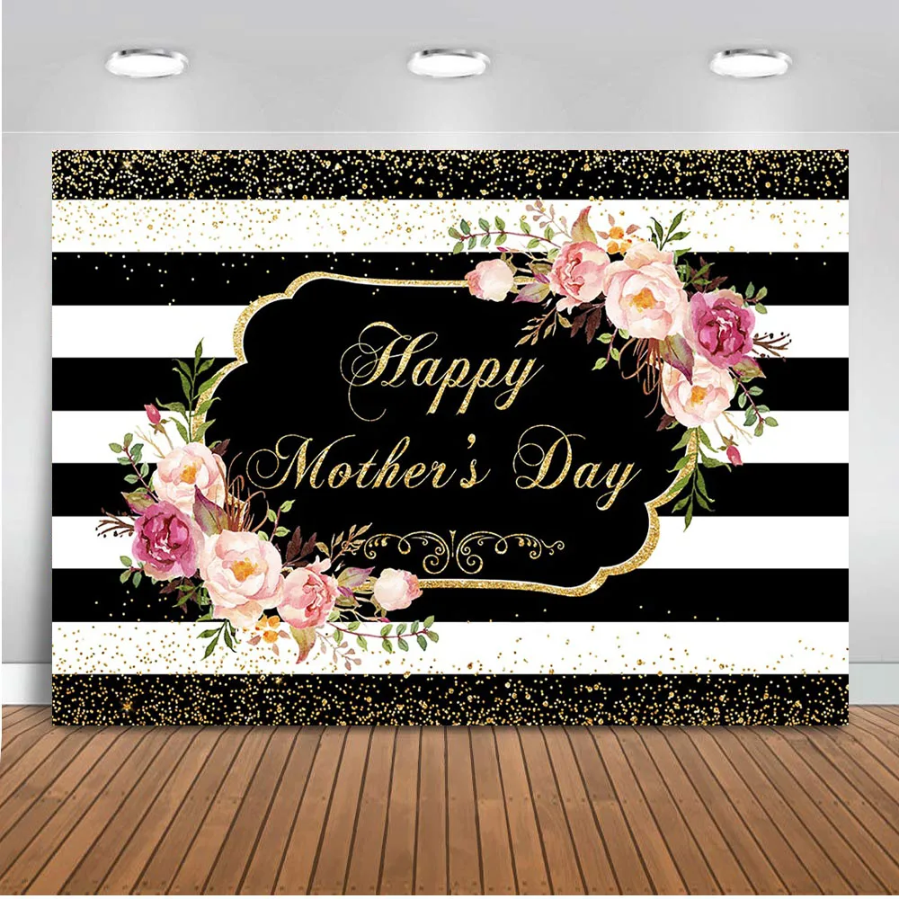 Фон для фотосъемки в черно-белую полоску с золотыми розами Neoback Happy Mother's Day |