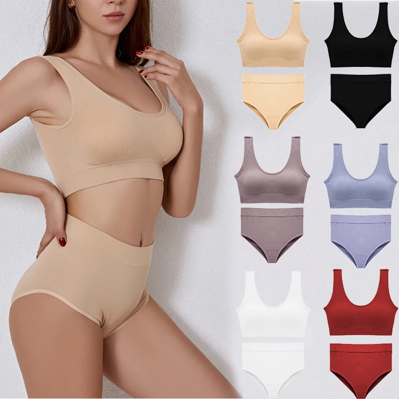 Seamless Women Bra Pantys Set Sexy Female High Waist Underwear Suit Soft Wireless Lingerie Fashion Ribbed Backless Top Underpant red bra set