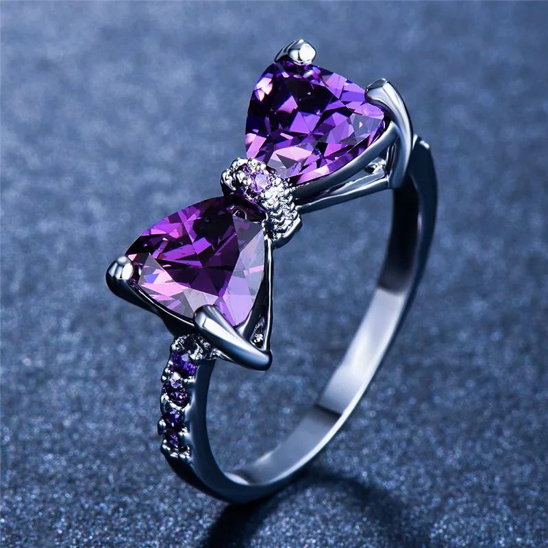 Purple Милые дамы большой бант Циркон простое кольцо на палец фиолетовый/синий/красный камень Обручальное кольцо элегантное серебряное милое обручальное кольцо - Цвет основного камня: Purple