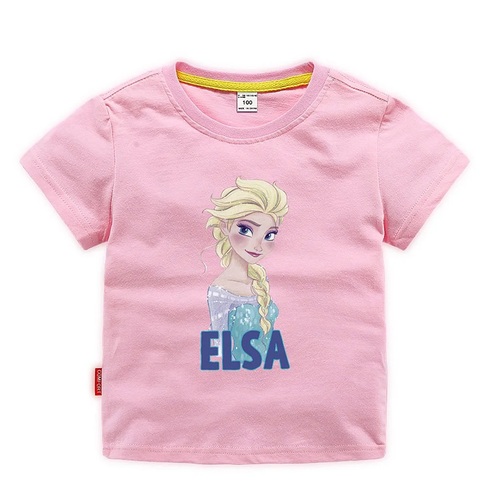 Летняя детская Рождественская одежда хлопковая однотонная Повседневная футболка с короткими рукавами для маленьких девочек с изображением принцесс Эльзы и Анны футболка