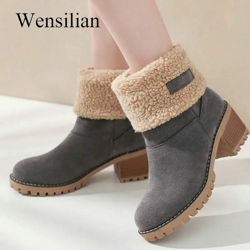 Cena Śniegowce damskie zimowe buty botki zamszowe damskie Botas Mujer Invierno 2020 ciepłe futro Slip On Square obcasy platformowe buty
