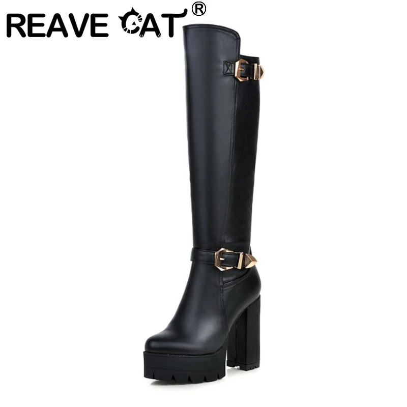 

REAVE CAT 2021 Knee High Boots Zip Belt Buckle Party Platforms Block Heel Short Plush Shoes Size 33-40 Black White Brown A4492