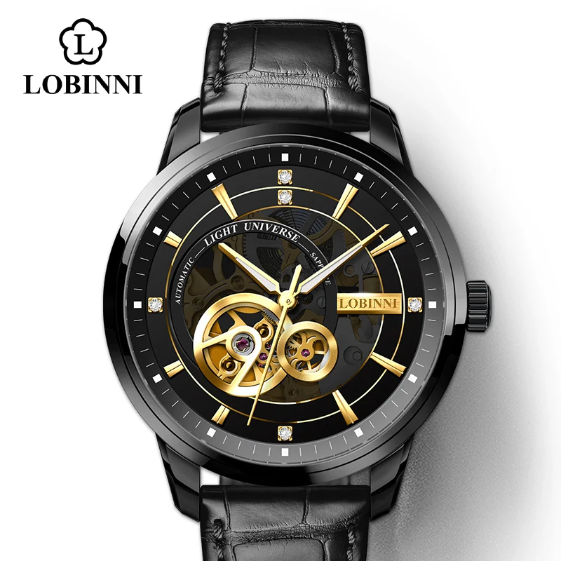 Black-Gold LOBINNI Чайка автоматические механические часы люксовый бренд Мужские часы кожаный сапфир Водонепроницаемые 50 м мужские наручные часы - Цвет: Black-Gold