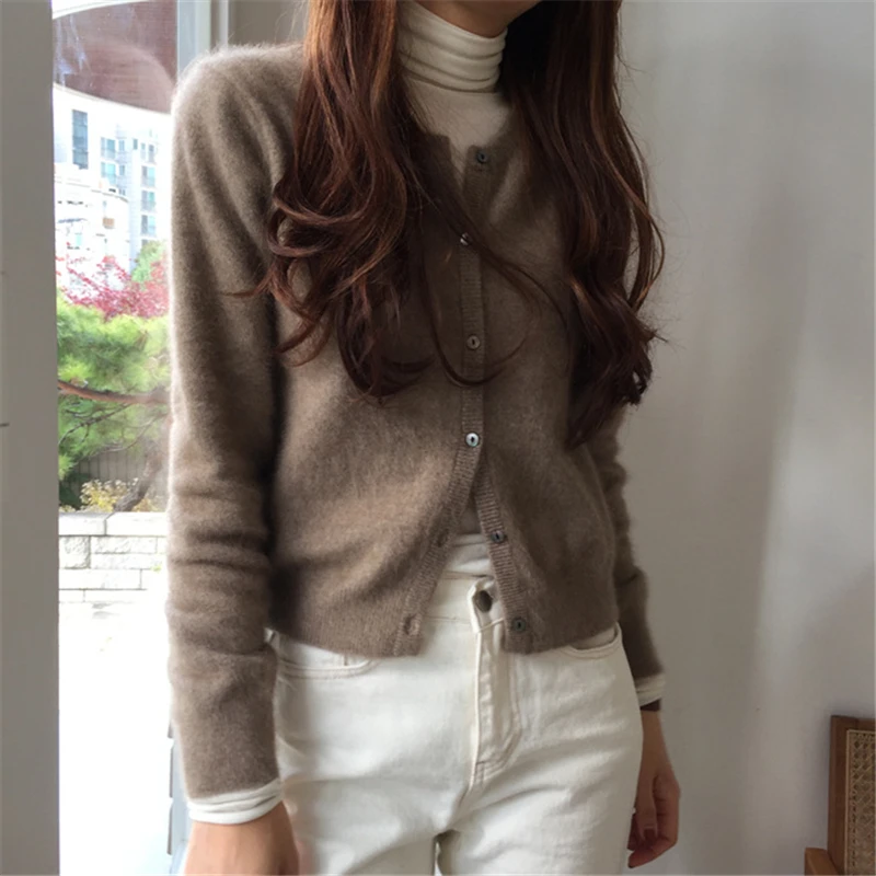Круглый вырез кардиган свитер женский короткий параграф с длинными рукавами сплошной цвет вязаный однобортный жакет теплый и удобный