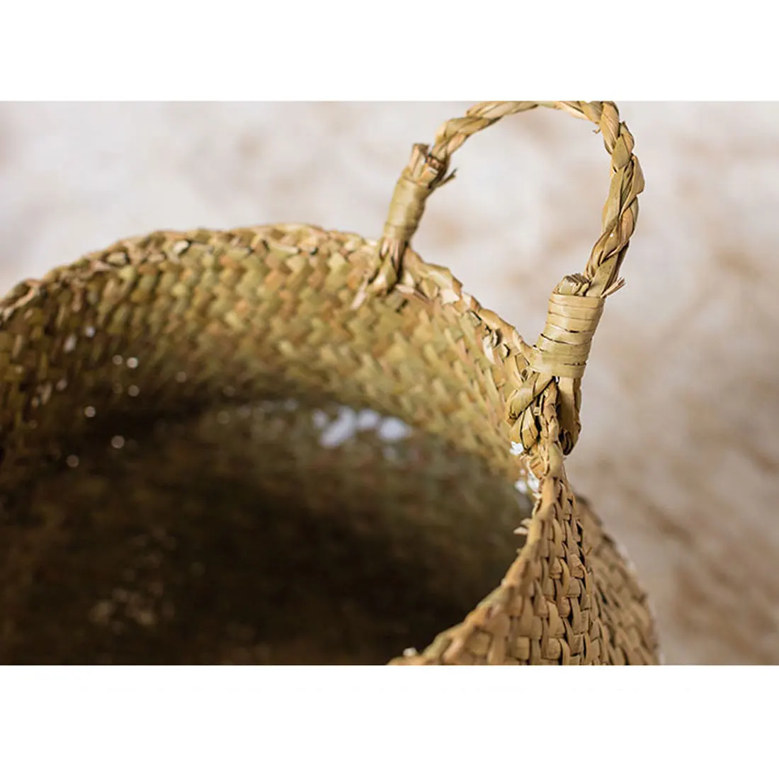 Foldable Storage Baskets Household Natural Seagrass Woven Garden Flower Vase Hanging Basket With Handle Storage Bellied Basket